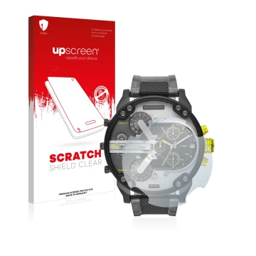 Parte frontal de un envase de producto con el logotipo de la marca upscreen. Al lado se muestra el dispositivo Diesel DZ7422 M