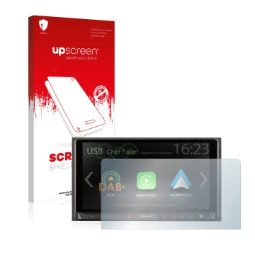 Parte frontal de un envase de producto con el logotipo de la marca upscreen. Al lado se muestra el dispositivo Zenec Z-N528 co
