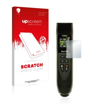 Parte frontal de un envase de producto con el logotipo de la marca upscreen. Al lado se muestra el dispositivo RigExpert Stick