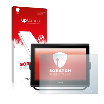 Parte frontal de un envase de producto con el logotipo de la marca upscreen. Al lado se muestra el dispositivo Garmin GPSMAP 1