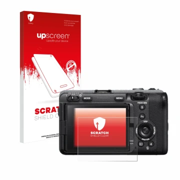 Parte frontal de un envase de producto con el logotipo de la marca upscreen. Al lado se muestra el dispositivo Sony FX3 con su