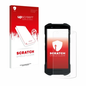 Parte frontal de un envase de producto con el logotipo de la marca upscreen. Al lado se muestra el dispositivo Zebra TC26 con 