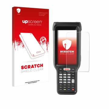 Parte frontal de un envase de producto con el logotipo de la marca upscreen. Al lado se muestra el dispositivo Honeywell ScanP