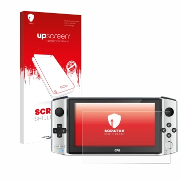 Parte frontal de un envase de producto con el logotipo de la marca upscreen. Al lado se muestra el dispositivo GPD Win 3 con s