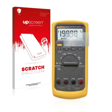 Parte frontal de un envase de producto con el logotipo de la marca upscreen. Al lado se muestra el dispositivo Fluke 87v con s