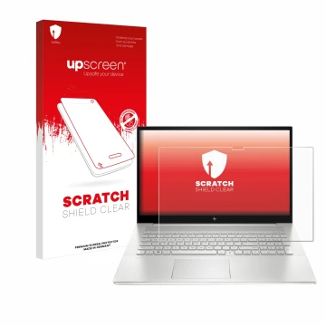 Parte frontal de un envase de producto con el logotipo de la marca upscreen. Al lado se muestra el dispositivo HP Envy 17-cX c