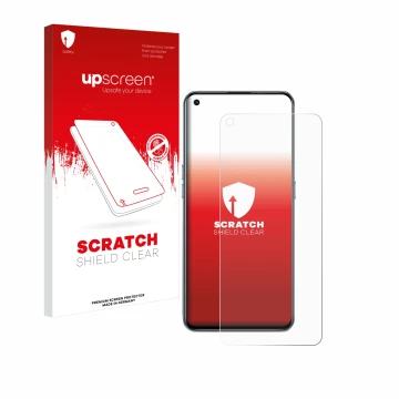Parte frontal de un envase de producto con el logotipo de la marca upscreen. Al lado se muestra el dispositivo realme GT 5G co