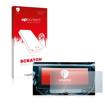 Parte frontal de un envase de producto con el logotipo de la marca upscreen. Al lado se muestra el dispositivo Opel Corsa-e 20