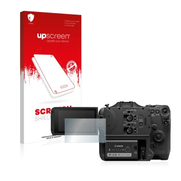 Parte frontal de un envase de producto con el logotipo de la marca upscreen. Al lado se muestra el dispositivo Canon EOS C70 c