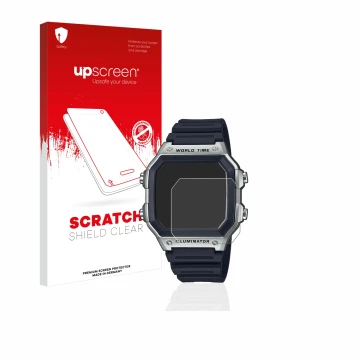 Parte frontal de un envase de producto con el logotipo de la marca upscreen. Al lado se muestra el dispositivo Casio AE-1200WH