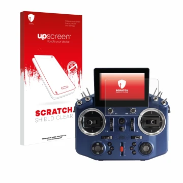 Parte frontal de un envase de producto con el logotipo de la marca upscreen. Al lado se muestra el dispositivo FrSky Horus X20