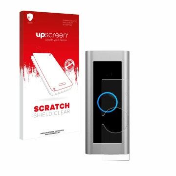 Parte frontal de un envase de producto con el logotipo de la marca upscreen. Al lado se muestra el dispositivo Ring Video Door