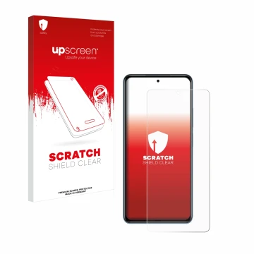 Parte frontal de un envase de producto con el logotipo de la marca upscreen. Al lado se muestra el dispositivo Xiaomi Poco F3 