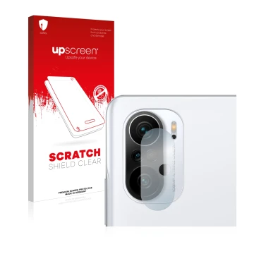 Parte frontal de un envase de producto con el logotipo de la marca upscreen. Al lado se muestra el dispositivo Xiaomi Poco F3 