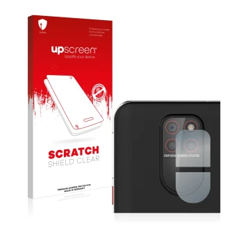 Parte frontal de un envase de producto con el logotipo de la marca upscreen. Al lado se muestra el dispositivo Emporia Smart 5