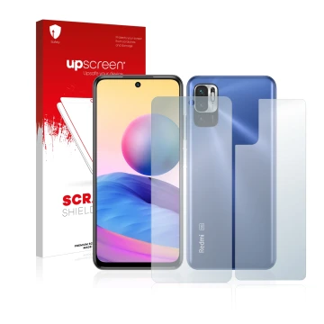 Parte frontal de un envase de producto con el logotipo de la marca upscreen. Al lado se muestra el dispositivo Xiaomi Redmi No