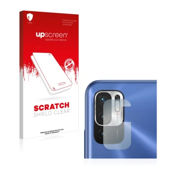 Parte frontal de un envase de producto con el logotipo de la marca upscreen. Al lado se muestra el dispositivo Xiaomi Redmi No