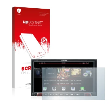 Parte frontal de un envase de producto con el logotipo de la marca upscreen. Al lado se muestra el dispositivo Alpine iLX-702D