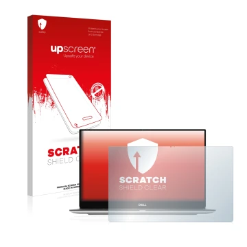 Parte frontal de un envase de producto con el logotipo de la marca upscreen. Al lado se muestra el dispositivo Dell XPS 13 930