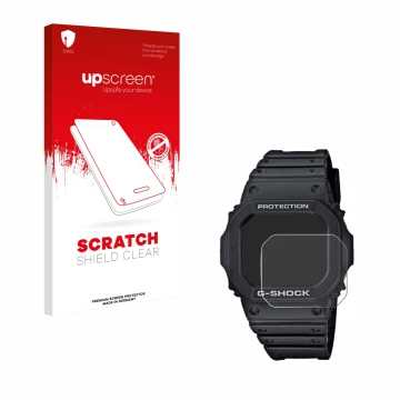 Parte frontal de un envase de producto con el logotipo de la marca upscreen. Al lado se muestra el dispositivo Casio G-Shock G