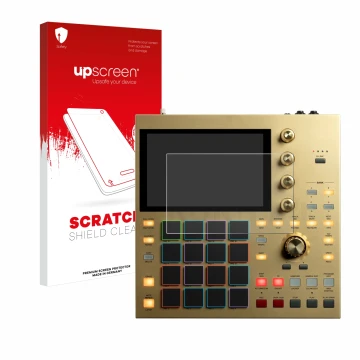 Parte frontal de un envase de producto con el logotipo de la marca upscreen. Al lado se muestra el dispositivo Akai MPC One co
