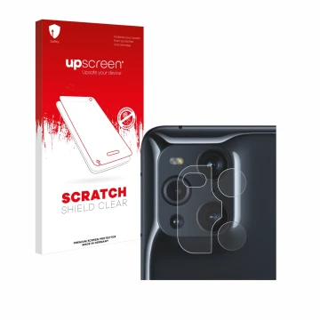 Parte frontal de un envase de producto con el logotipo de la marca upscreen. Al lado se muestra el dispositivo Oppo Find X3 Pr