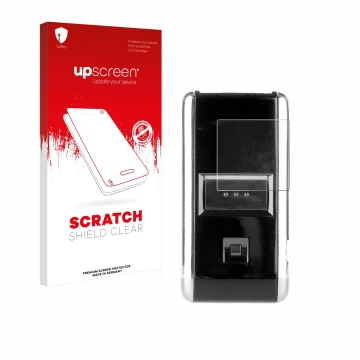 Parte frontal de un envase de producto con el logotipo de la marca upscreen. Al lado se muestra el dispositivo Opticon OPN-200