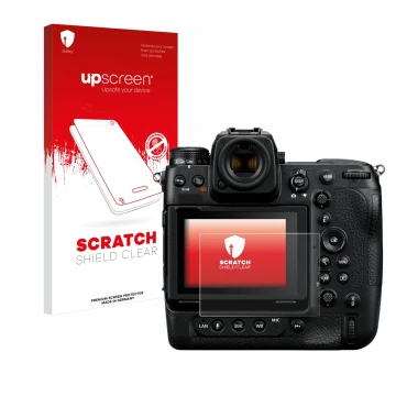 Parte frontal de un envase de producto con el logotipo de la marca upscreen. Al lado se muestra el dispositivo Nikon Z 9 con s