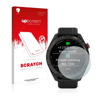 Parte frontal de un envase de producto con el logotipo de la marca upscreen. Al lado se muestra el dispositivo Garmin Approach