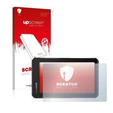 Parte frontal de un envase de producto con el logotipo de la marca upscreen. Al lado se muestra el dispositivo Garmin Tread 5.