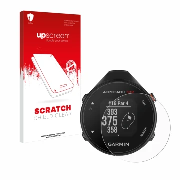 Parte frontal de un envase de producto con el logotipo de la marca upscreen. Al lado se muestra el dispositivo Garmin Approach