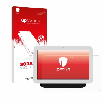 Parte frontal de un envase de producto con el logotipo de la marca upscreen. Al lado se muestra el dispositivo Google Nest Hub