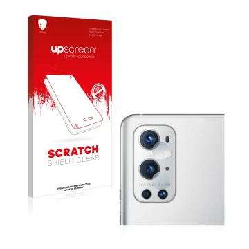 Parte frontal de un envase de producto con el logotipo de la marca upscreen. Al lado se muestra el dispositivo OnePlus 9 Pro (