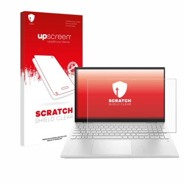 Parte frontal de un envase de producto con el logotipo de la marca upscreen. Al lado se muestra el dispositivo HP Pavilion x36