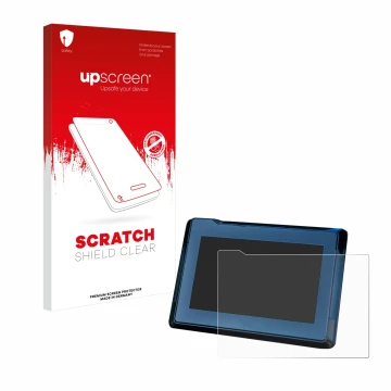 Parte frontal de un envase de producto con el logotipo de la marca upscreen. Al lado se muestra el dispositivo KTM 1290 Super 