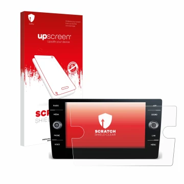 Parte frontal de un envase de producto con el logotipo de la marca upscreen. Al lado se muestra el dispositivo Volkswagen Tigu