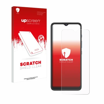 Parte frontal de un envase de producto con el logotipo de la marca upscreen. Al lado se muestra el dispositivo Motorola Moto G