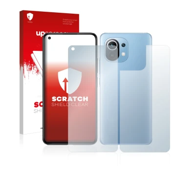 Parte frontal de un envase de producto con el logotipo de la marca upscreen. Al lado se muestra el dispositivo Xiaomi Mi 11 Li