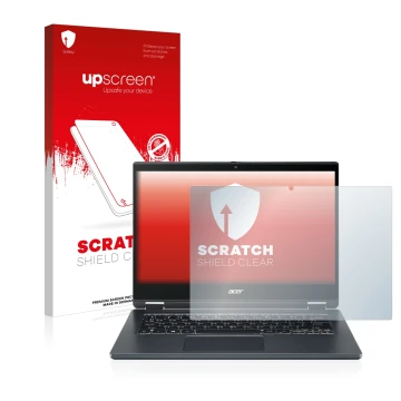 Parte frontal de un envase de producto con el logotipo de la marca upscreen. Al lado se muestra el dispositivo Acer TravelMate