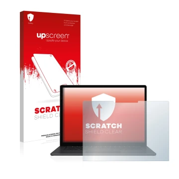 Parte frontal de un envase de producto con el logotipo de la marca upscreen. Al lado se muestra el dispositivo Microsoft Surfa