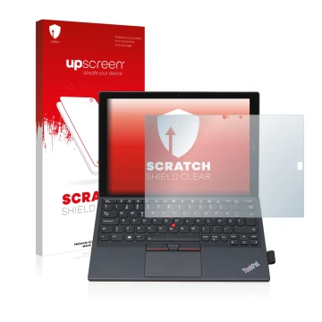 Parte frontal de un envase de producto con el logotipo de la marca upscreen. Al lado se muestra el dispositivo Lenovo ThinkPad