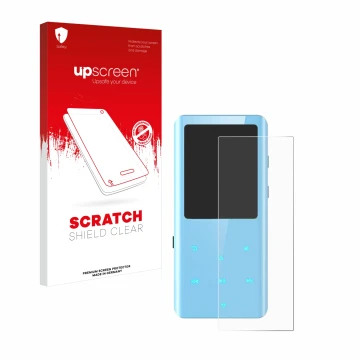 Parte frontal de un envase de producto con el logotipo de la marca upscreen. Al lado se muestra el dispositivo AGPtek A19X con