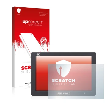 Parte frontal de un envase de producto con el logotipo de la marca upscreen. Al lado se muestra el dispositivo Feelworld FW279