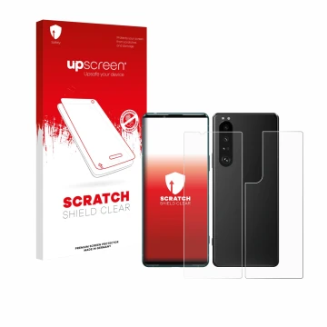 Parte frontal de un envase de producto con el logotipo de la marca upscreen. Al lado se muestra el dispositivo Sony Xperia 5 I