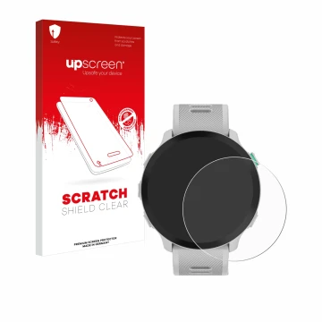 Parte frontal de un envase de producto con el logotipo de la marca upscreen. Al lado se muestra el dispositivo Garmin Forerunn