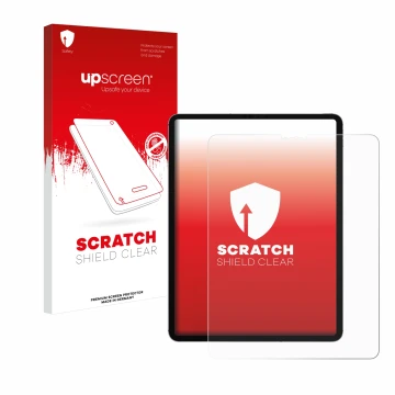 Parte frontal de un envase de producto con el logotipo de la marca upscreen. Al lado se muestra el dispositivo Apple iPad Pro 