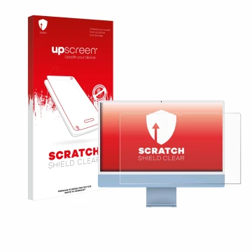 Parte frontal de un envase de producto con el logotipo de la marca upscreen. Al lado se muestra el dispositivo Apple iMac 24