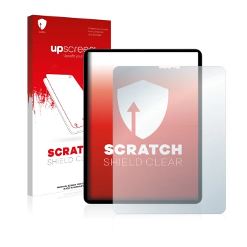Parte frontal de un envase de producto con el logotipo de la marca upscreen. Al lado se muestra el dispositivo Apple iPad Pro 