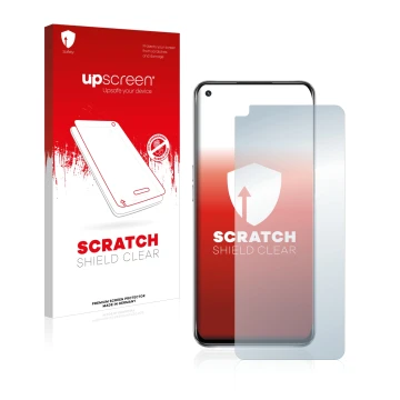 Parte frontal de un envase de producto con el logotipo de la marca upscreen. Al lado se muestra el dispositivo Oppo A54 5G con