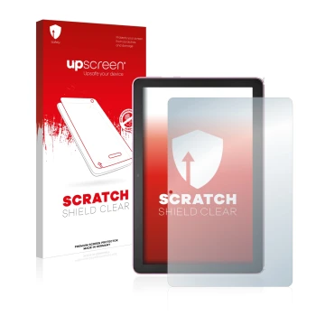 Parte frontal de un envase de producto con el logotipo de la marca upscreen. Al lado se muestra el dispositivo Amazon Fire HD 